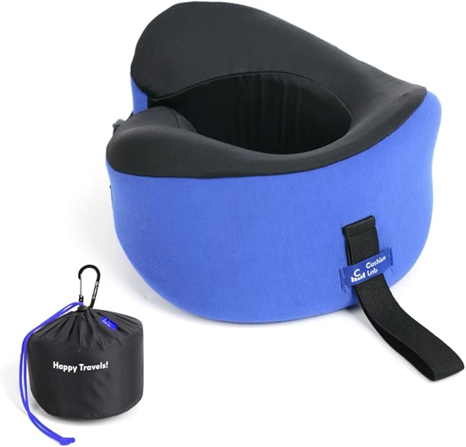 C CUSHION LAB Travel Pillow, Award-Winning Patented Ergonomic Design for Chin & Neck Support Memory Foam Neck Pillow, Compact Airplane Pillow for Traveling, Flight, Car (Cobalt Blue, Large)