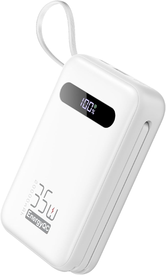 EnergyQC 20000mAh Portable Charger, 35W PD 3.0+QC 4.0 Fast Charging Power Bank with Built-in Lightning & USB-C in&Out Cables, Travel Battery Pack for iPhone 16/15/14/13, Samsung, iPad, Android, White