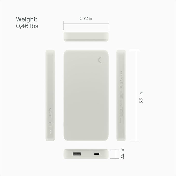 Clemm Portable Charger 10,000mAh Dual Port (USB-A, USB-C) (Ivory)