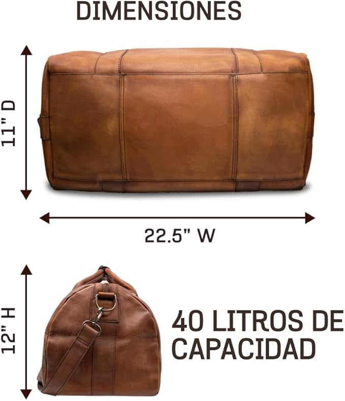 Full Grain Leather Duffle Bag – 40L Travel, Gym & Carry-On Weekender for Men | Handcrafted Overnight Bag with Brass Hardware, Vintage Style