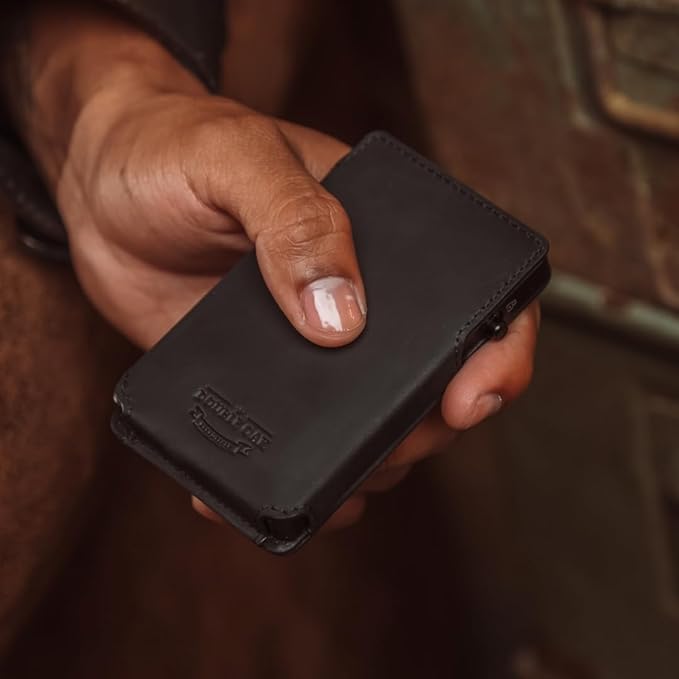 Double Oak Essentials SLIM Leather Pop-up Wallet — Removable Cardholder Design with Locking Mechanism - RFID Blocking, Top Grain Cowhide Leather (Midnight Edition)
