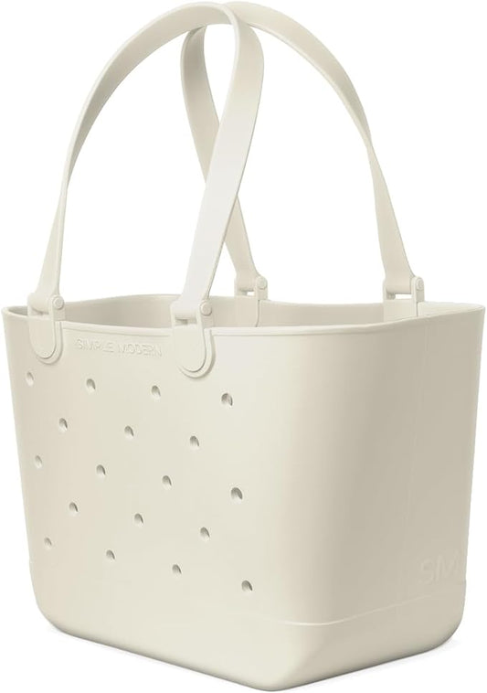 Simple Modern Large Beach Bag | Waterproof Getaway Rubber Tote with Zipper Pocket for Travel, Pool, Boat, Groceries, Sports | Cream