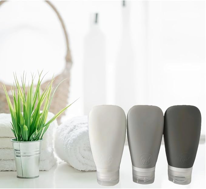 Travel Bottles for Toiletries, TSA Approved 3oz (90ml) Leak Proof Silicone Refillable Squeeze Travel Size Containers BPA Free for Cleansers, Lotions, Shampoo 3-pk (Black-Gray-White)