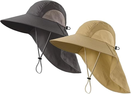 LLmoway Wide Brim Sun Hat with Neck Flap for Men Women Summer Outdoor UV Protection Breathable Fishing Hats with Strap