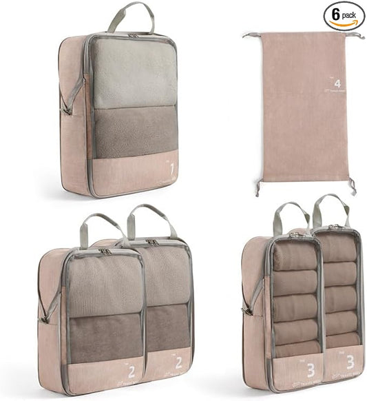 6-Pack Compression Packing Cubes for Travel – Lightweight, Expandable Luggage Organizers with Dual-Use Drawstring Bag – Stackable, Odorless, Durable – Fits Clothes, Shoes, Toiletries (Brown)