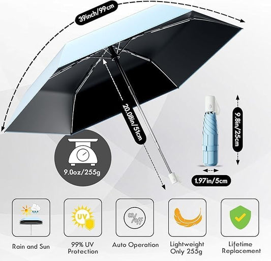 Automatic Mini Travel Windproof Folding Umbrella - UV Protection, Instant Open/Close for Rain/Sun, Small Compact Lightweight Design Fits in Tote Bag/Travel Case/Backpack for Commute, Women & Men