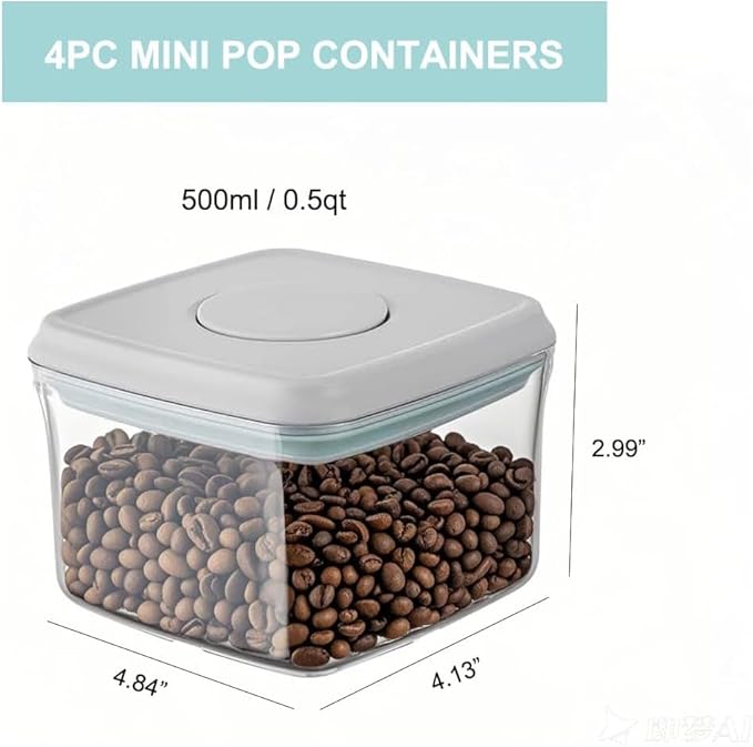 Kahyeets Pop Food Storage Containers with Lids Airtight Spaghetti Container with Labels Pasta Organizer for Kitchen Pantry Cereal Snack Flour Sugar Coffee (4pcs 500ml/0.5qt)