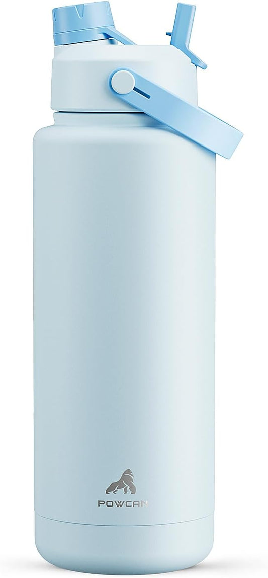 POWCAN 40 oz Insulated Water Bottle with 2-in-1 Straw and Spout Lid, Keep Cold 24H, Leak-Proof, BPA-Free, Double Wall Stainless Steel Water Bottle for Sports, Gym, Travel, and School (Sea Breeze)