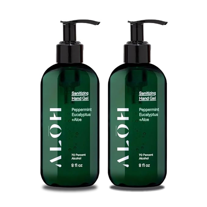ALŌH Sanitizing Hand Gel 2-pack | Peppermint Eucalyptus + Aloe | 70% Alcohol Hydrating Hand Sanitizer Gel with Essential Oil, for Kids & Adults | 8oz Bottle (Set of 2)