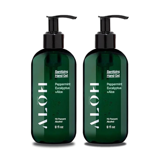 ALŌH Sanitizing Hand Gel 2-pack | Peppermint Eucalyptus + Aloe | 70% Alcohol Hydrating Hand Sanitizer Gel with Essential Oil, for Kids & Adults | 8oz Bottle (Set of 2)