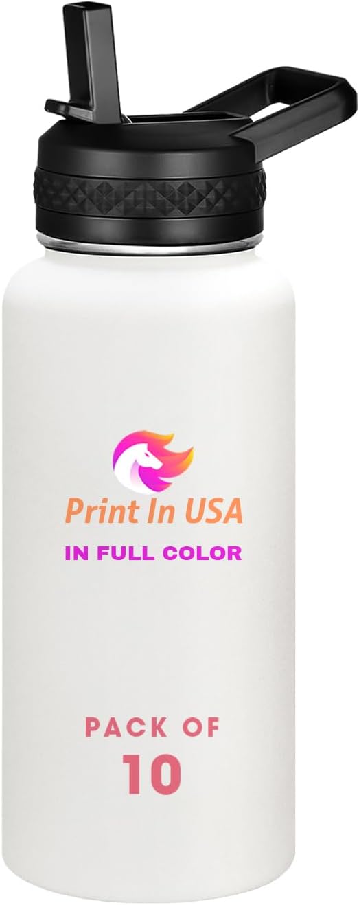 Personalized Custom Print in USA Water Bottle 10Pcs 32oz Stainless Steel Double Wall Coffee Cup with Lid & Straw Insulated Tumbler with Colorful Text Logo Photo