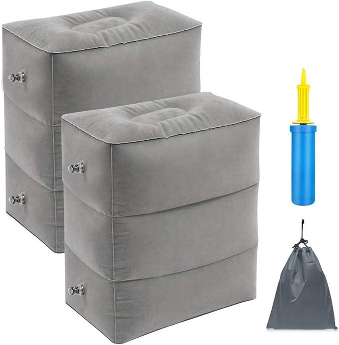 ZIQIAN Inflatable Travel Foot Rest Pillow Portable Adjustable Three Layers Height Foot Stool for Airplanes, Cars, Home, Trains, Office to Lay Down or Sleep on Long Flights with Pump (Gray 2PACK)