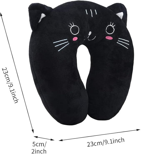 EKDJKK Travel Pillow for Kids, Cute Animal Neck Pillow Support U Shaped Cushion Plush Soft Rest Reading Pillow Sleeping Pillow for Airplane Train Car (Black Cat)