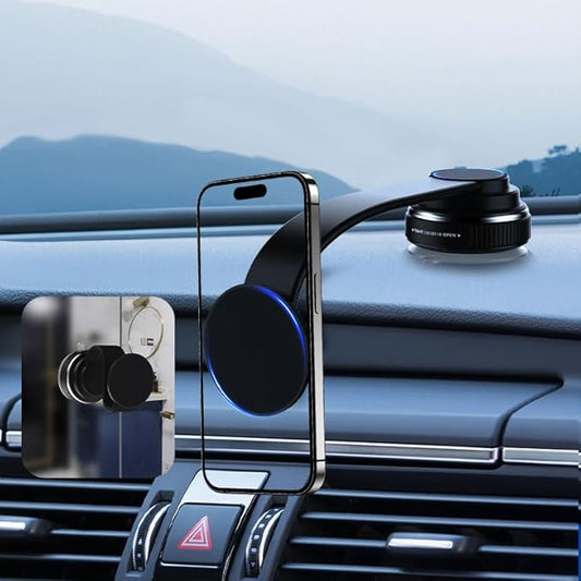 Magnetic Car Phone Holder Mount, 720° Adjustable Long Arm with Nano Gel Suction Cup, for iPhone & Android (Use Metal Plate), Universal Dashboard Windshield Phone Stand