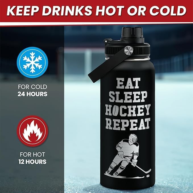 Ice Hockey Insulated Engraved Stainless Steel Water Bottle 32oz, Vacuum Chug Lid Travel Tumbler For Men Friends Hockey Lovers Fans Coaches, Gift for Birthday Christmas