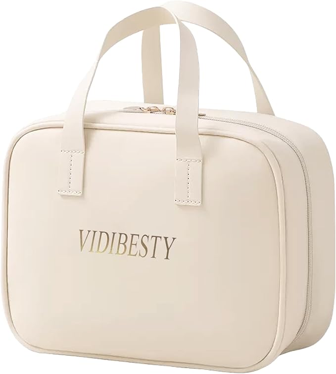 Travel Makeup Bag Skin-feel Leather, Large Capacity Cosmetic case for Women, Waterproof Portable Make up Organizer with Divider and Handle for Toiletries, Beauty Essentials (Beige)