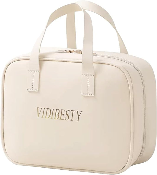 Travel Makeup Bag Skin-feel Leather, Large Capacity Cosmetic case for Women, Waterproof Portable Make up Organizer with Divider and Handle for Toiletries, Beauty Essentials (Beige)