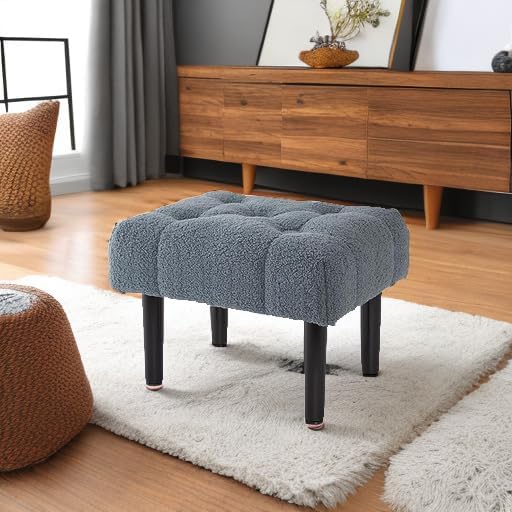 HOUCHICS Fur Padded Foot Stool, Small Ottoman Rest with Wooden Legs, Modern Rectangle Chair Rest for Living Room, Couch, Desk (Grey)