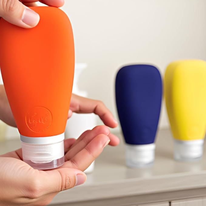 Travel Bottles for Toiletries, TSA Approved 3oz Leak Proof Silicone Refillable Squeeze Travel Size Containers BPA Free for Cleansers, Lotions, Shampoo 3pk (Orange-Blue-Yellow).