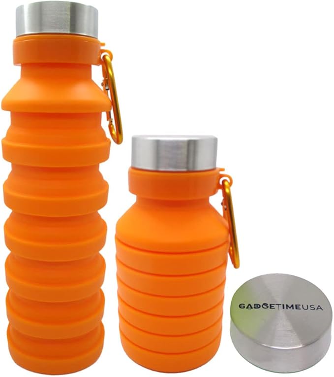 Collapsible Water Bottle (Orange) - Reusable, BPA Free, Silicone, Foldable Portable & Leak Proof - Water Bottles for Travel Gym Camping Hiking - Sports Water Bottle with Carabiner