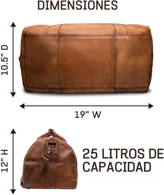 Full Grain Leather Duffle Bag – 25L Travel, Gym & Carry-On Weekender for Men | Handcrafted Overnight Bag with Brass Hardware, Vintage Style