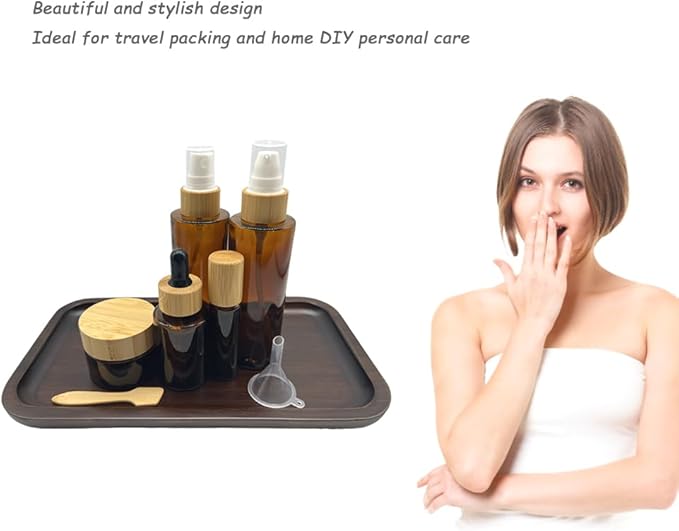 Empty Refillable Brown Glass Cosmetic Containers with Bamboo Cover - 5 Pack, Spray Bottle, Lotion Pump, Dropper, Roller Bottle, Cream Jar - Tray Included