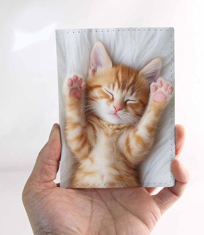 Little Kitten Passport Holder for Travel Cat Sleeps on Fur White Blanket PU Leather Passport Cover Wallet Cute Passport Card Holder for Women and Men