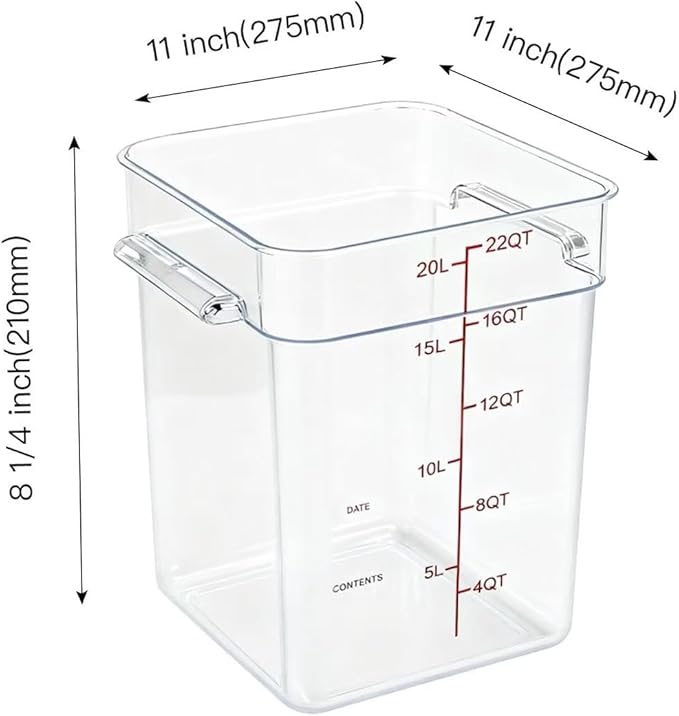TSUBOR 4 Pack Food Storage Containers with Red Lids, 22.0 Qt - Square, Clear, Polycarbonate, for Restaurant Commercial Kitchen and Home party