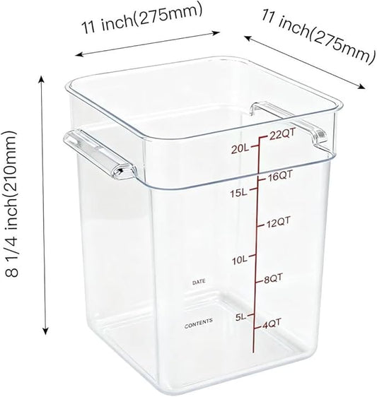 TSUBOR 4 Pack Food Storage Containers with Red Lids, 22.0 Qt - Square, Clear, Polycarbonate, for Restaurant Commercial Kitchen and Home party