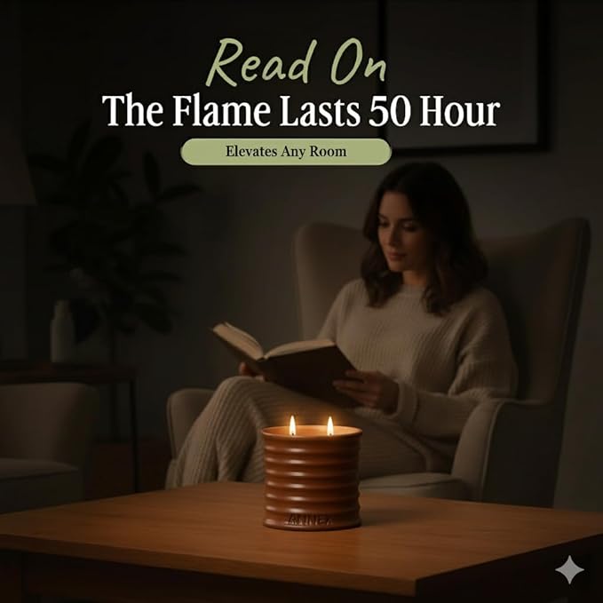 Scented Luxury Candles in Handmade Ceramic Jars, Soy Wax | Vanilla - Tobacco - Amber, Large Candle | Non Toxic, 2 Wicks, Reusable Big Brown Jar | Natural Spring Aromatherapy Gift for Women & Men