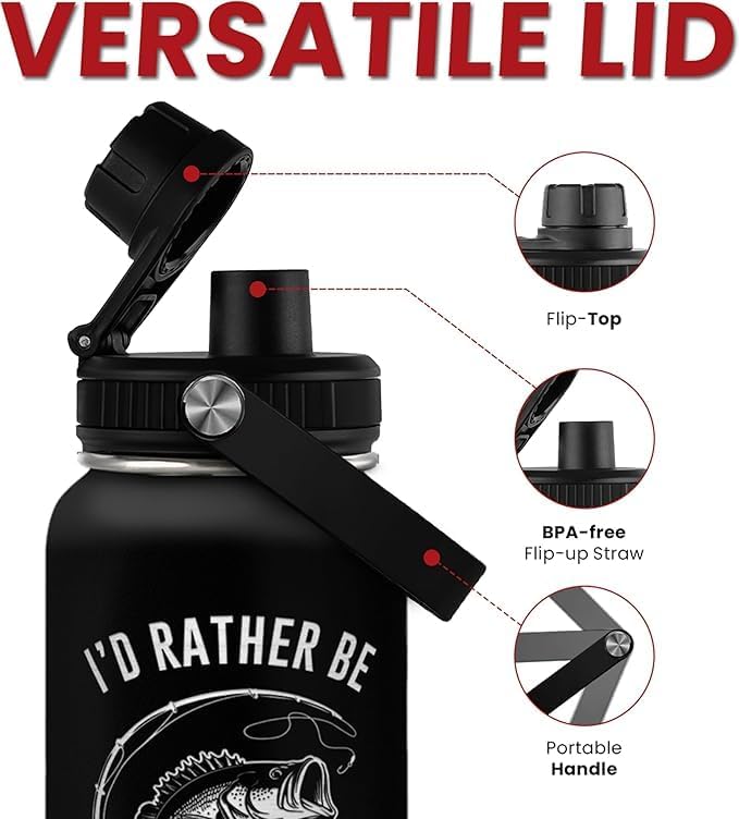 Fishing Insulated Engraved Stainless Steel Water Bottle 32oz, Vacuum Chug Lid Travel Tumbler for Men Friends Dad Grandpa Fisherman, I'd Rather Be Fishing, Gift for Birthday Christmas Father's Day