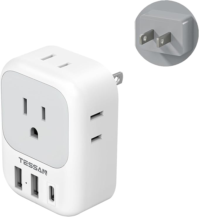 TESSAN 2 Prong to 3 Prong Adapter, Multi Plug Outlet Extender with 4 Outlets 3 USB Ports(1 USB C), Type A Travel for US to Japan, Philippines, Canada, Mexico, China, Thailand, Anguilla