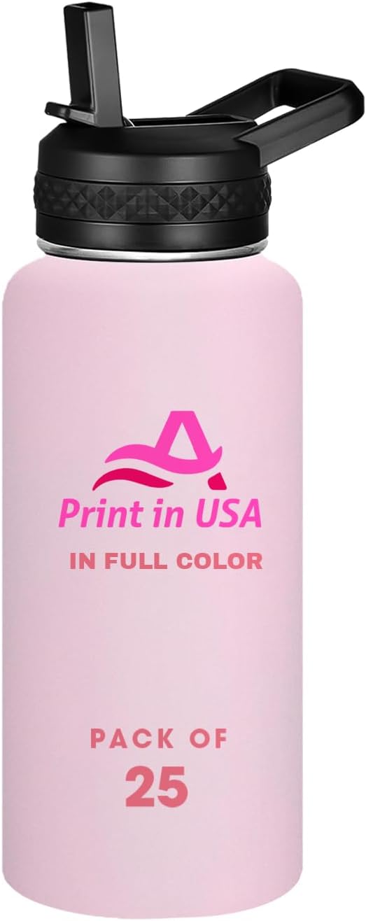 Personalized Custom Print in USA Water Bottle 25Pcs 32oz Stainless Steel Double Wall Coffee Cup with Lid & Straw Insulated Tumbler with Colorful Text Logo Photo