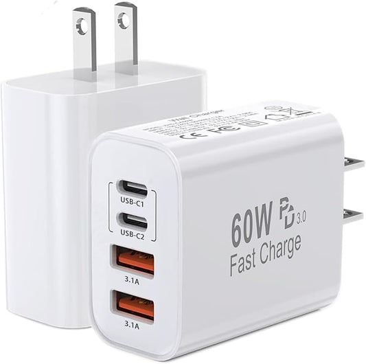60W USB C Charger Block,2Pack 4-Port GaN USB C Charger Fast Charging Wall Plug Dual Type C+Dual USB-A Port Multiport Power Adapter Cube for iPhone 17 Pro Max/16e/15/14/13/12/11,iPad Pro/Air/Mini