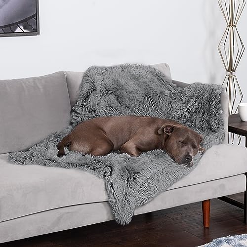 Furhaven Waterproof Throw Blanket for Dogs & Indoor Cats, Washable - Shaggy Plush Calming Long Faux Fur & Velvet Dog Blanket - Gray, Large