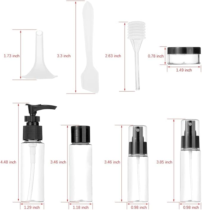 Vitog Travel Bottles Kit, TSA Approved Leak Proof Portable Toiletry Containers Set, Clear flight size PET Cosmetic Containers for Lotion, Shampoo, Cream, Soap, Set of 11 (Black+Plastic)