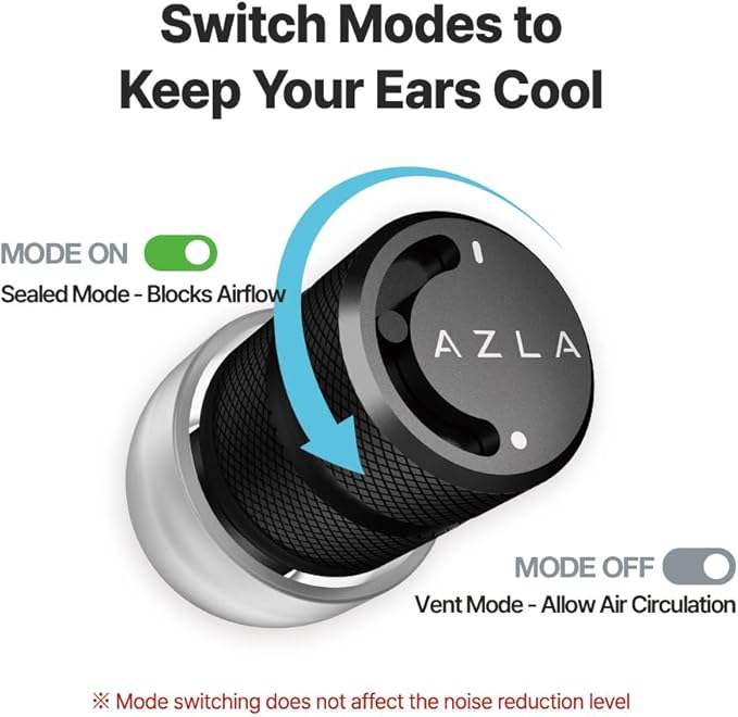 AZLA POM1000 II – Noise Cancelling Ear Plugs for Sleeping, Airplane Travel, Motorcycles, Shooting, Concerts – 35dB Hearing Protection, Adjustable Vent, Metal Case, 6 Ear Tips