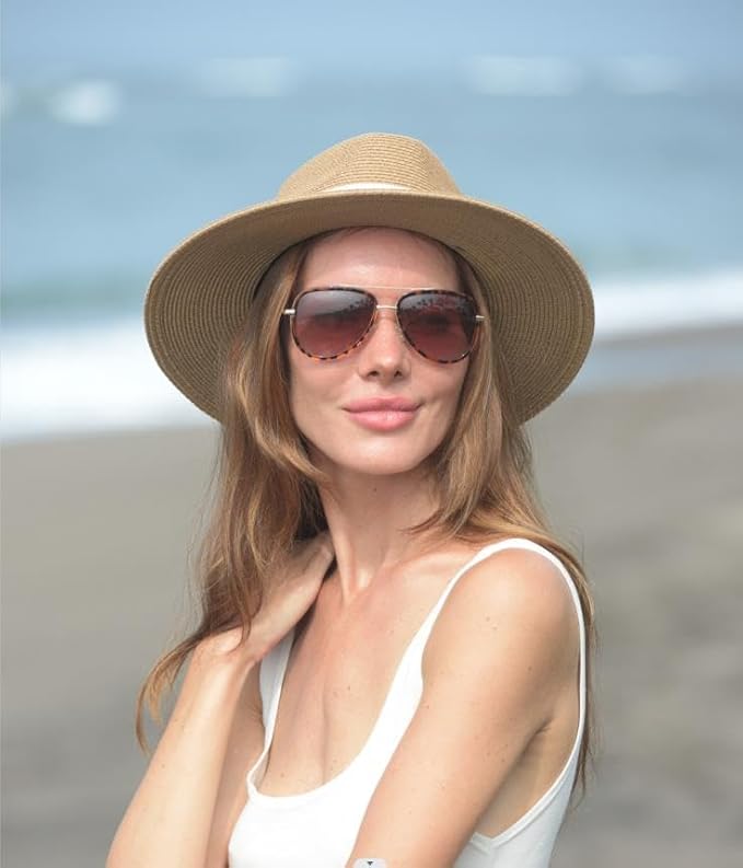 FURTALK Womens Mens Wide Brim Straw Panama Hat Fedora Summer Beach Sun Hats UPF Straw Hat for Women
