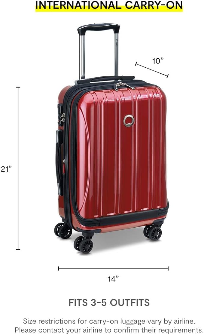 Delsey Luggage Helium Aero, International Carry On Luggage, 19", Front Pocket Hard Case Spinner Suitcase, Brick Red