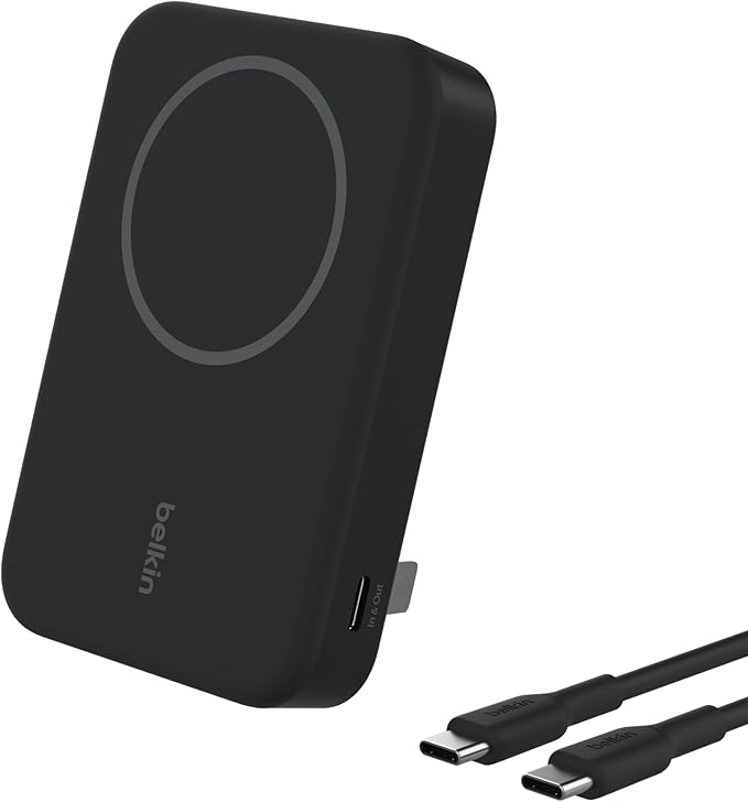 Belkin Portable Charger, Wireless Power Bank 15W 10000 mAh w/ Qi2, MagSafe Charger + Built-in Pop-up Kickstand - iPhone 17, Air, Pro, Pro Max, AirPods, Apple Watch, Google Pixel 10, etc. - Black