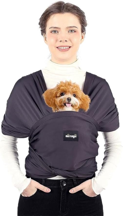 NATUYA Dog Sling Carrier, Small Dog Front Carrier, Lightweight Hands Free Puppy Carrier, Anti-Anxiety Cat Sling, Size Adjustable Premium Dog Carrier Sling Warp (Drak Grey)