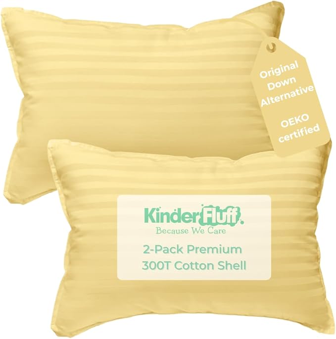 kinder Fluff Toddler Pillow (2Pack) 10x15in - First Pillow for Kids Age 2+, 100% Cotton Sateen Stripes Shell 300T, Down Alternative Fill, Machine Washable - Children & Travel Cushion - Yellow - XS