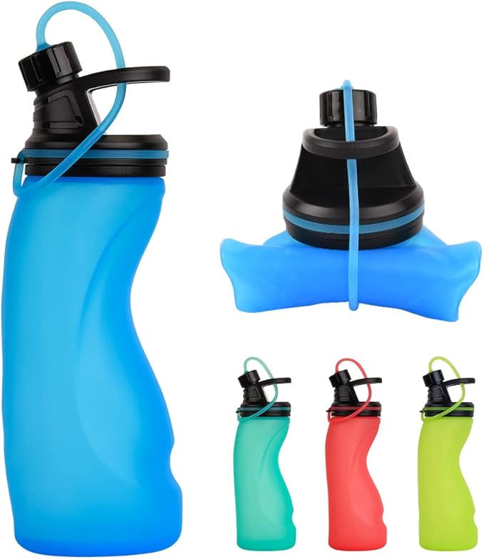 E-Senior Collapsible Water Bottle BPA Free - Foldable Water Bottle for Travel Sports Bottles with Triple Leak Proof Lightweight 17oz (Upgraded Ocean Blue)