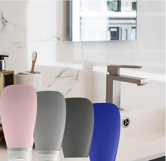 Travel Bottles for Toiletries, TSA Approved 3oz (90ml) Leak Proof Silicone Refillable Squeeze Travel Size Containers BPA Free for Cleansers, Lotions, Shampoo 4pk color (P,G,Blk,Blue)