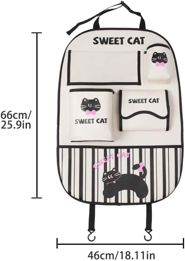 YUNZLAN Leather Backseat Car Organizer, Kick Mats Back Seat Protector with Touch Screen Tablet Holder Back Seat Organizer for Kids with 4 Storage Pockets Travel Accessories (BeigeBlackCat)