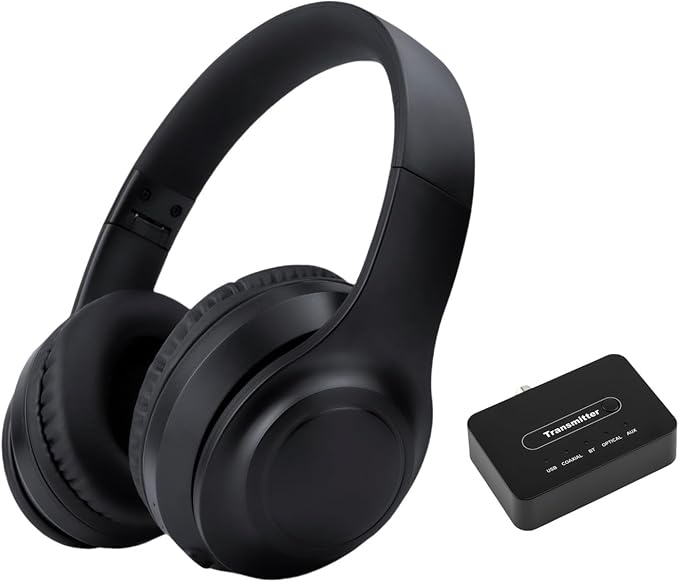 Hybrid Active Noise Cancelling Wireless TV Headphones for Seniors, ANC Headset with 5-in-1 Transmitter (Optical/Coaxial/RCA/USB/AUX), No Audio Latency, Clear Voice, Compatible with TV/PC