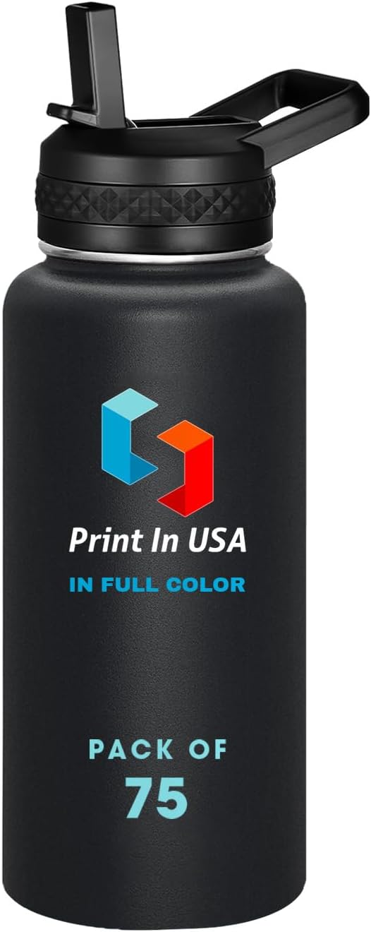 Personalized Custom Print in USA Water Bottle 75Pcs 32oz Stainless Steel Double Wall Coffee Cup with Lid & Straw Insulated Tumbler with Colorful Text Logo Photo