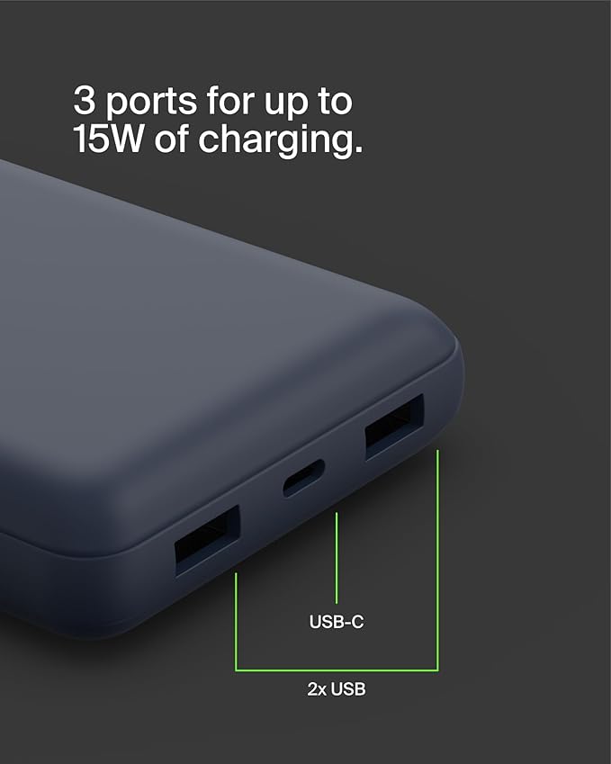 Belkin Portable Charger, USB C Power Bank 20000 mAh w/ 2 USB-A Ports, 15W w/ Type-A to Type-C Cable - iPhone 17, Air, Pro, Pro Max, AirPods, Samsung Galaxy S25, S24, Google Pixel 10, iPad, etc. - Blue