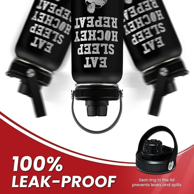 Ice Hockey Insulated Engraved Stainless Steel Water Bottle 32oz, Vacuum Chug Lid Travel Tumbler For Men Friends Hockey Lovers Fans Coaches, Gift for Birthday Christmas