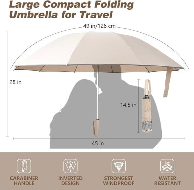 TOPSAIL 10 Ribs Inverted Umbrella with Carabiner Handle, Large Sturdy Folding Umbrellas Windproof for Rain & Sun, 49" Big Reverse Foldadble Umbrella for Travel Portable with Safe Reflective Strip, for Women Men